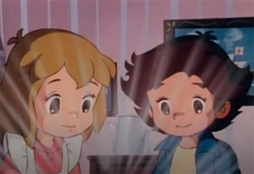 Anime Oyako Gekijō characters Joy and Chris opening the Bible.