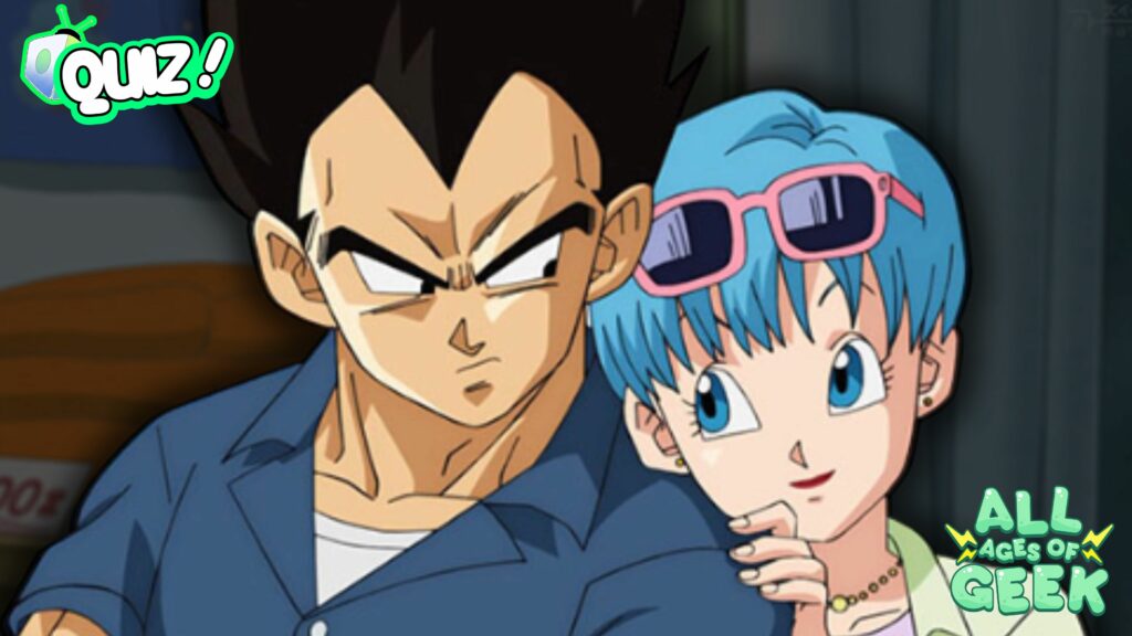 The Which Dragon Ball Character is Your Perfect Date Quiz thumbnail featuring Bulma and Vegeta as a cute married couple. The word quiz is on the upper lefthand while the All Ages of Geek logo is on the lower right indicating the publication.