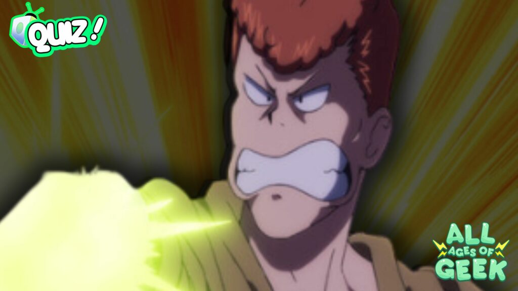 Which Yu Yu Hakusho Character Is Your Spirit Fighter quiz thumbnail featuring Kazuma Kuwabara in the center. The word "quiz" is on the upper lefthand side while the All Ages of Geek logo is on the righthand side indicating the publication.