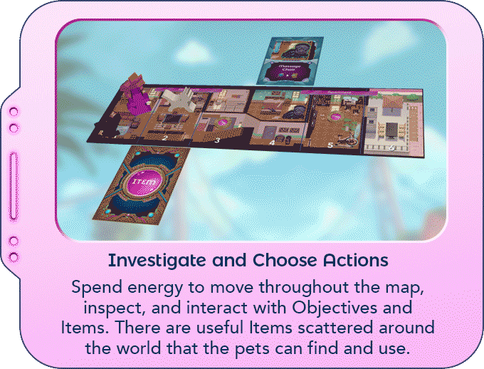 Investigate and Choose Actions explanation with an animated board, flipping card and moving character miniatures.