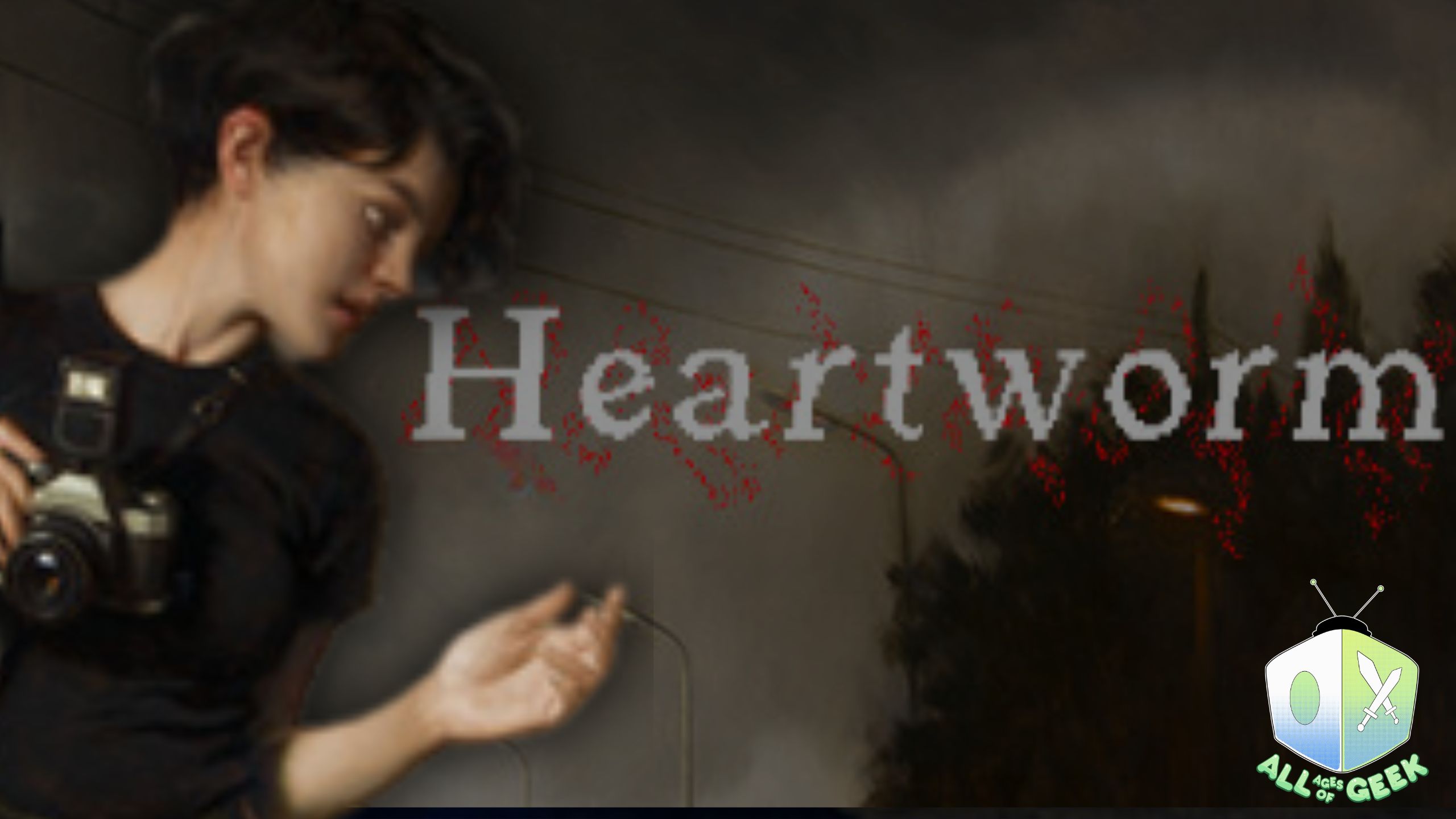 Heartworm game thumbnail featuring the main character Sam with her camera. The Heartworm logo is in the center. The All Ages of Geek logo is on the righthand corner indicating the publication.