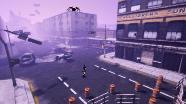 An eerie purple fog with a creature on top of a building looming down over the Heartworm main character.