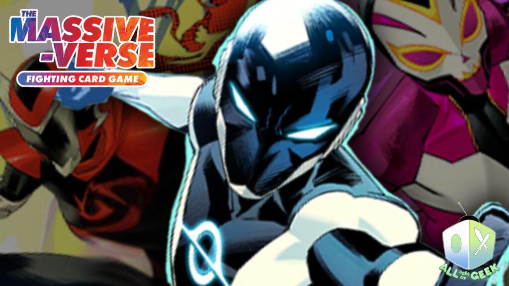 Massive-Verse card game featured on All Ages of Geek. The characters are front and center, the main wearing a black suit with glowering, menacing eyes. Two others are in the background, one wearing pink the other in red. The Massive-Verse logo is in the upper left hand corner. The All Ages of Geek logo is on the lower righthand side indicating the publication.