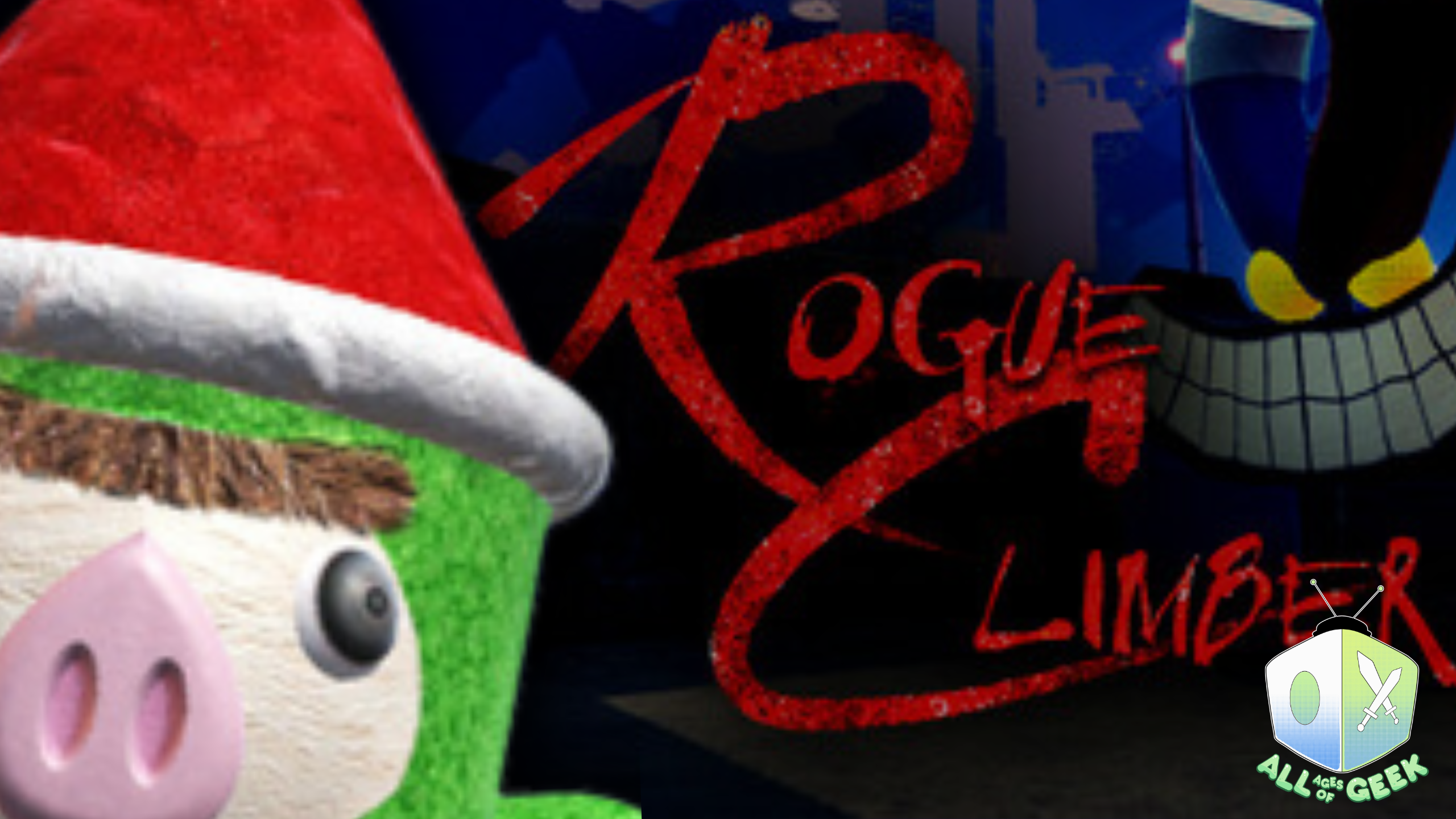 Rogue Climber game featuring a green character along with the game's logo. The All Ages of Geek logo is on the lower righthand side indicating the publication.