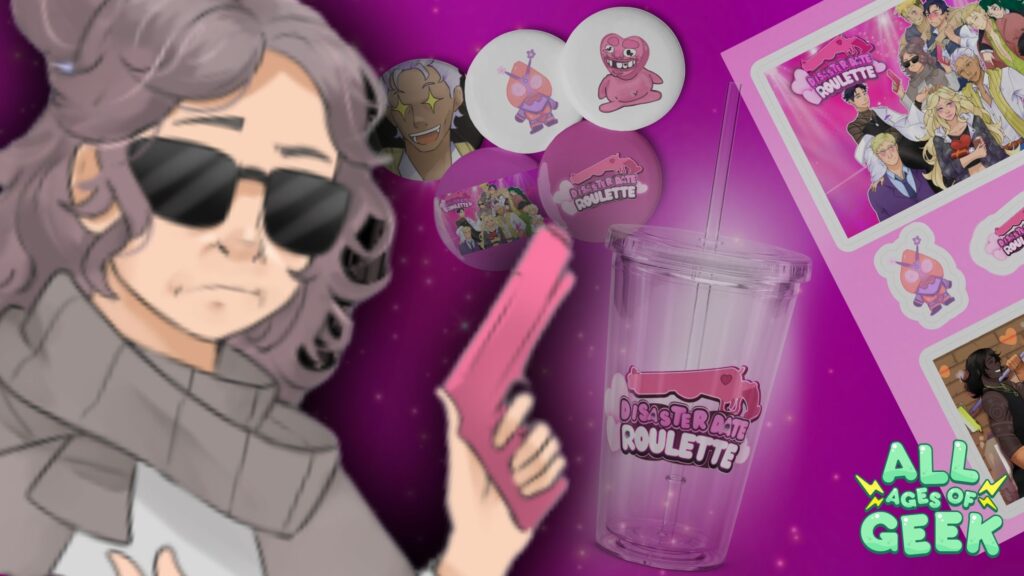 A thumbnail featuring Disaster Date Roulette merch with Abby in the corner. The All Ages of Geek logo is on the righthand lower side indicating the publication.