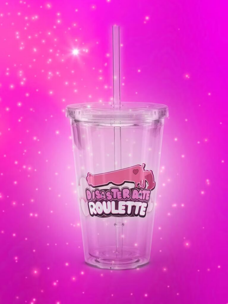 A clear Tumbler featuring the DIsaster Date Roulette logo with a pink background.