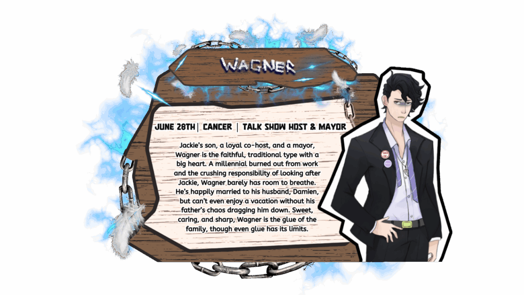Character sheet of Wagner from Boardwalk Dad Detox, an adult animated comedy feature film. Wagner is shown as a young man with black hair, wearing a blazer and button-up shirt with pins on his lapel. The text describes him as Jackie’s son, a loyal co-host, and mayor. Wagner is caring, traditional, married to his husband Damien, and struggling with burnout from balancing work and family chaos. His birthday is June 28th, zodiac sign Cancer.