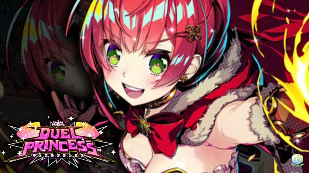 Promotional artwork for Duel Princess featuring Barbara, a red-haired princess with bright green eyes, wearing a red and white outfit with fur trim and a large bow. She is smiling confidently with flames swirling around her. The Duel Princess logo is displayed on the lower left, and the All Ages of Geek logo is placed in the bottom right corner.