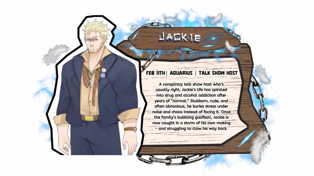 Character sheet of Jackie from Boardwalk Dad Detox, an adult animated comedy feature film. Jackie is shown as a blond man in a suit jacket and button-up shirt with pins on his lapel. The text describes him as a conspiracy talk show host struggling with addiction, fatherhood, and forgiveness. His birthday is February 11th, zodiac sign Aquarius.
