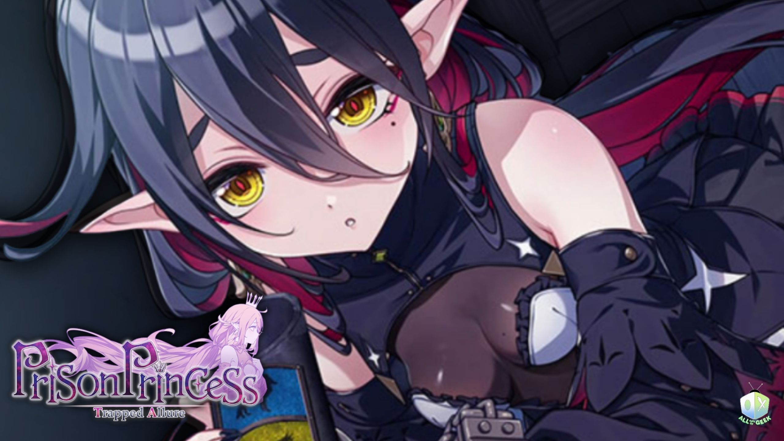 Promotional artwork for Prison Princess: Trapped Allure featuring Julietta, a dark-haired princess with golden eyes and elf-like ears. She wears a black and red gothic outfit with a crown, leaning forward with a sultry expression. The game’s title logo “Prison Princess: Trapped Allure” is displayed in the bottom left corner, and the All Ages of Geek logo appears in the bottom right corner.