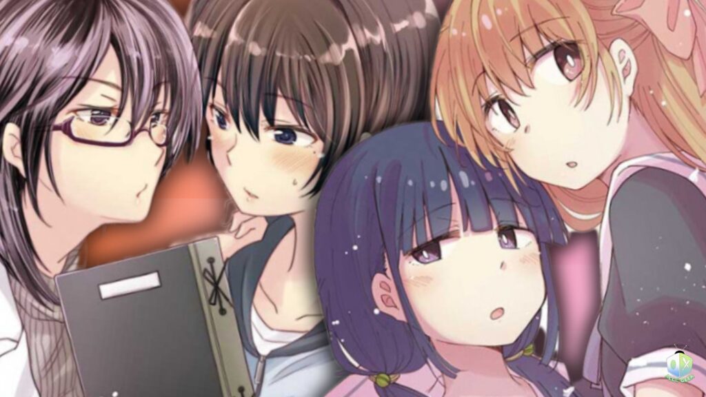 5 Slice of Life Yuri Doujin from Irodori promotional artwork featuring four women — a teacher with glasses, a shy brunette, a short-haired girl, and a blonde schoolgirl — highlighting everyday romance and relationships.
