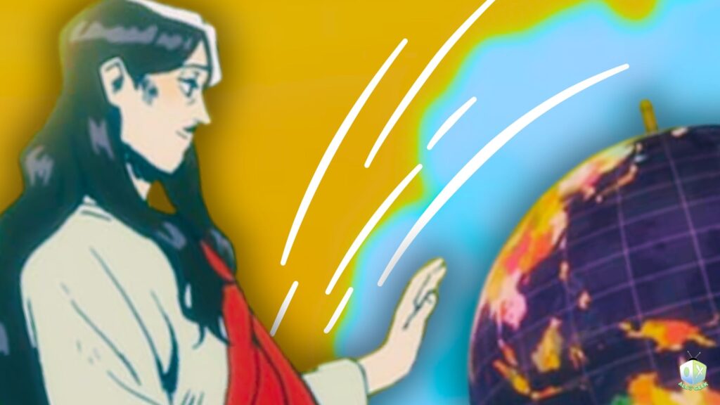 Anime-style artwork of Jesus with a cross crowned by thorns in the background, reaching toward a glowing globe, symbolizing faith and the idea of Apostles as an anime squad sharing the Gospel worldwide.