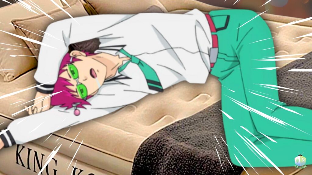 Anime-style character lounging on a King Koil mattress with dramatic comic action lines, representing the comfort of the best mattress for gaming and binge-watching.
