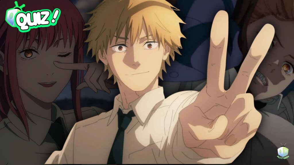 Denji from Chainsaw Man flashes a peace sign with a confident grin, while Power winks playfully in the background alongside other Devil Hunters. Promotional image for the Chainsaw Man Character Quiz by All Ages of Geek.