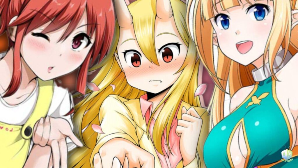 Three characters from Comedy Doujin from Irodori — a red-haired girl winking playfully, a blushing blonde oni girl with horns, and a smiling blonde elf girl in a green outfit, all in a vibrant anime art style.