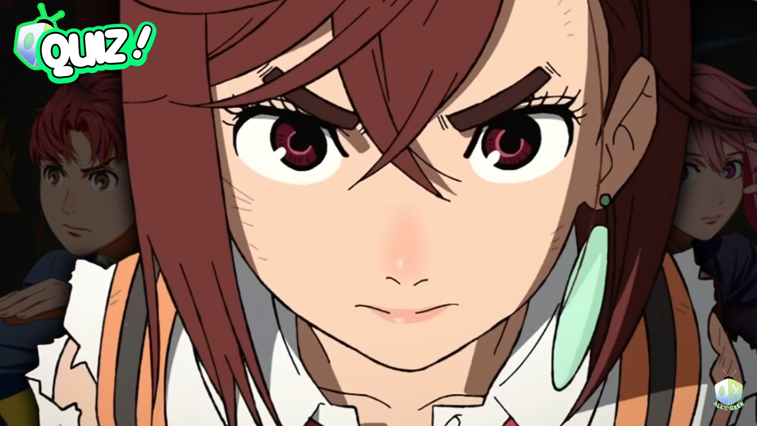 Close-up of Momo Ayase from Dandadan looking determined with a fierce expression, featuring her signature earrings and stylized anime art. Text overlay reads “Quiz!” in bright green, promoting the Dandadan Character Quiz by All Ages of Geek.
