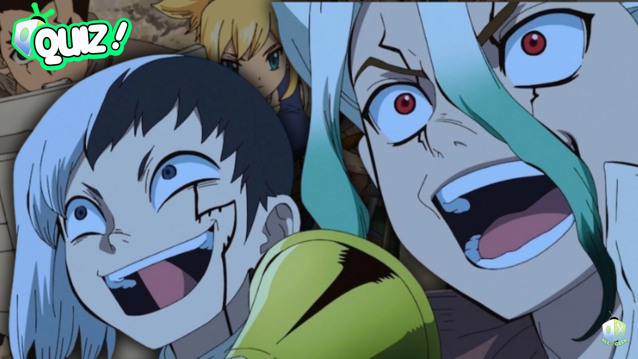 Dr. Stone Character Quiz promotional image featuring Senku laughing maniacally with science gear in the background, highlighting the fun and energy of the Kingdom of Science.