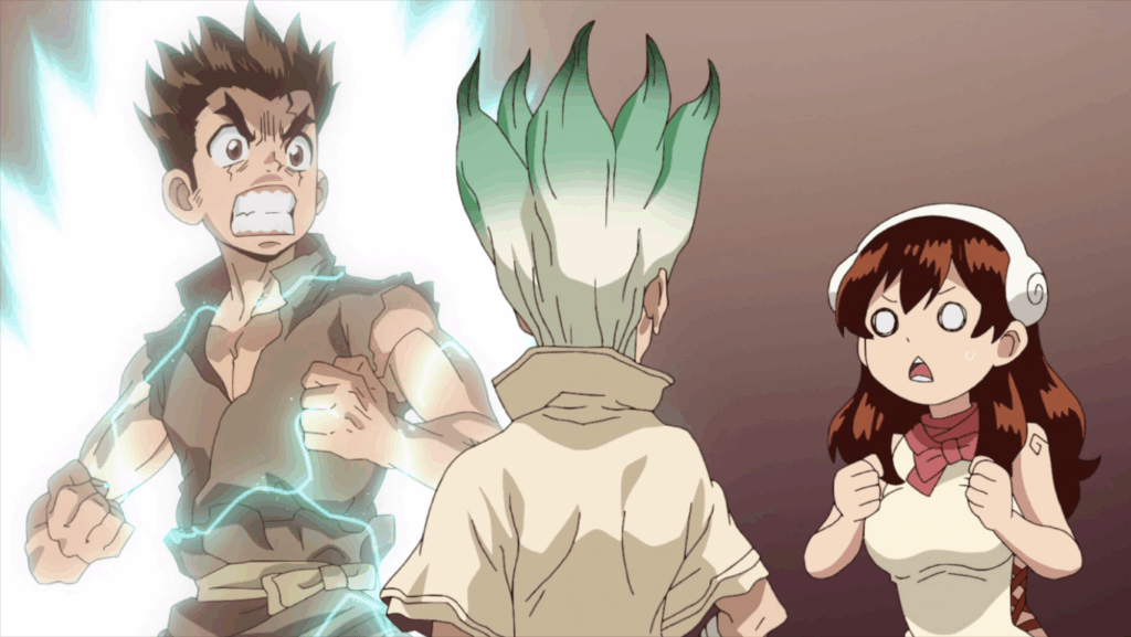 Scene from Dr. Stone featuring Taiju electrified with energy, Senku standing confidently, and Yuzuriha looking surprised, capturing a comedic and scientific breakthrough moment from the anime.