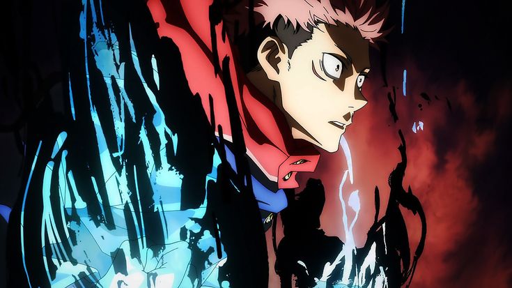 Yuji Itadori from Jujutsu Kaisen surrounded by dark cursed energy, eyes focused and determined in the heat of battle.