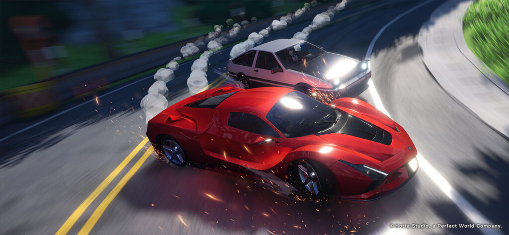 Two sleek cars drift around a sharp curve in NTE game Tokyo Game Show demo, showcasing fast-paced driving mechanics and cinematic sparks from Hotta Studio.