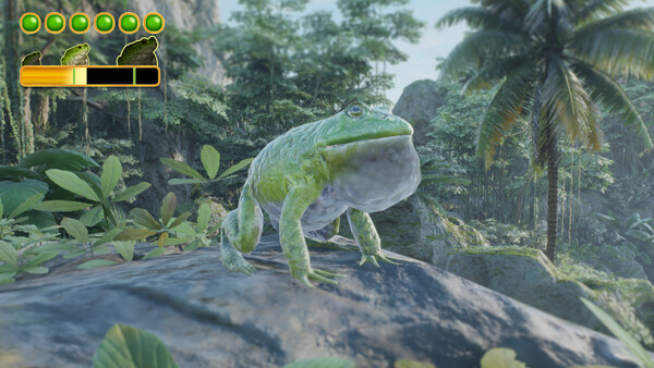 A detailed 3D render of a green frog standing proudly on a rock in a lush jungle environment, surrounded by tropical plants and sunlight.