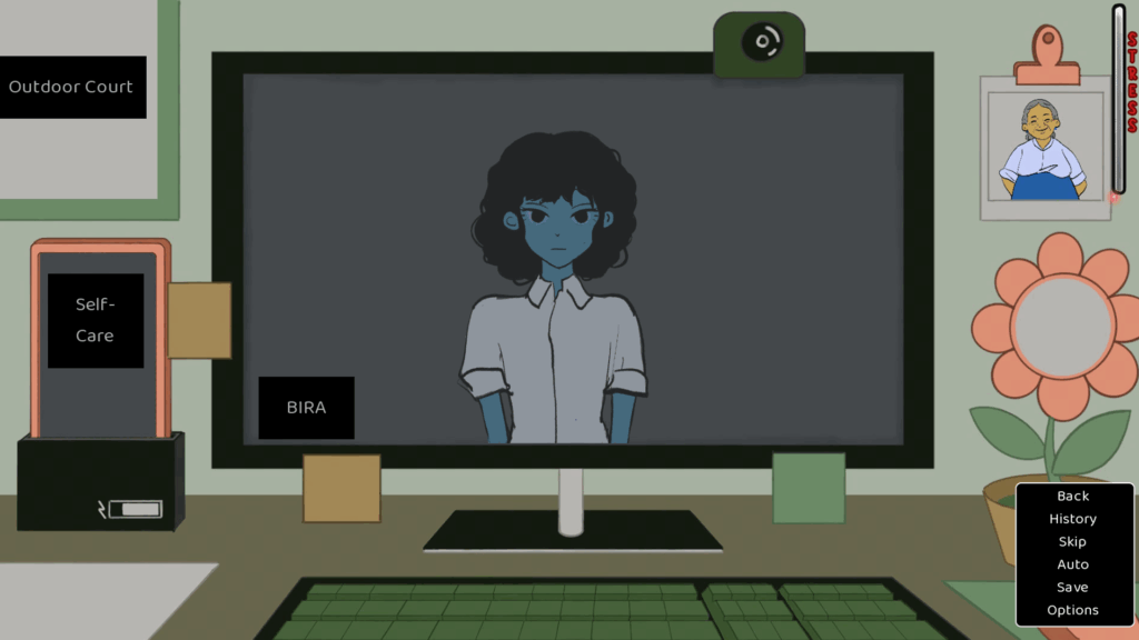 Celia, an Afro-Latina woman with curly hair, appears on a computer screen in a minimalist office setup labeled with buttons like “Self-Care” and “BIRA,” reflecting the game’s focus on stress and work-life balance.
