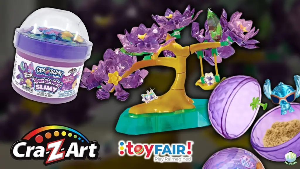 A colorful display of Cra-Z-Art products from Toy Fair NY 2025 featuring a Sparkle Fairy Slimy jar, purple crystal tree from the Crystal Gem Creations set, and Disney Crystal Surprise figures.