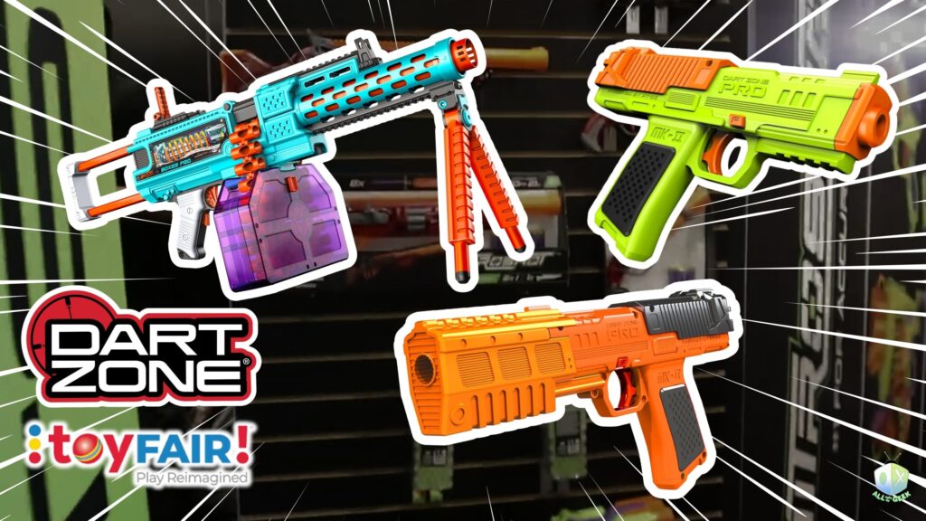 Dart Zone showcase display at Toy Fair NY 2025 featuring new high-performance Pro Dart blasters, including bright blue, orange, and green models, with the Dart Zone and Toy Fair logos in view.