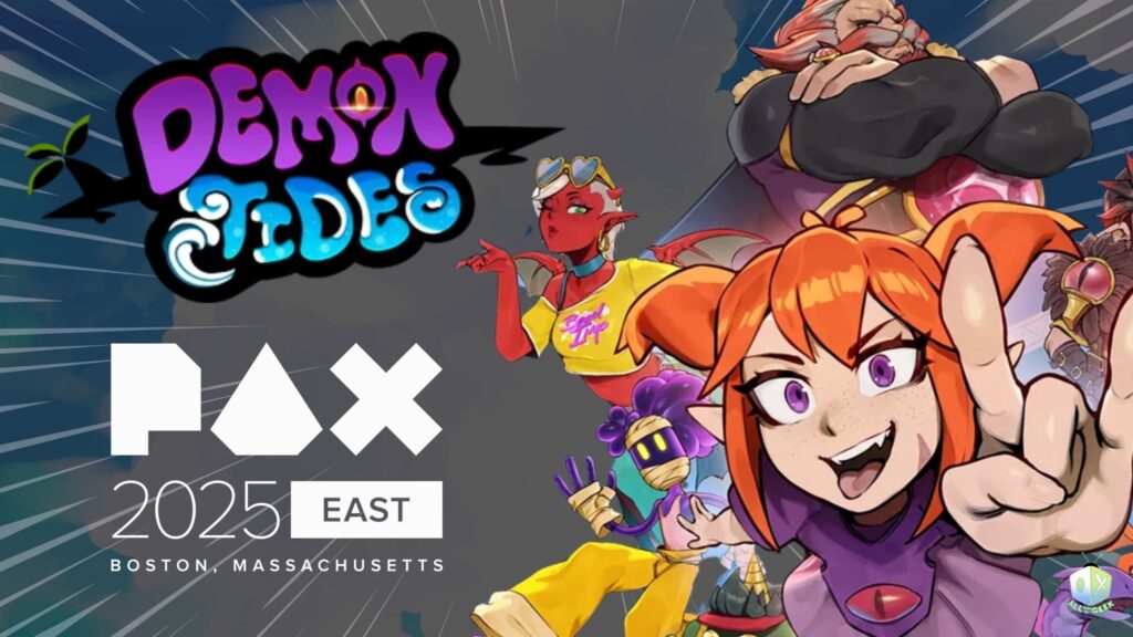 Promotional image for Demon Tides at PAX East 2025 featuring Beebz and her colorful crew striking dynamic poses, with the game’s logo and PAX East 2025 Boston event branding displayed. All Ages of Geek logo in the righthand lower corner indicating the publication.