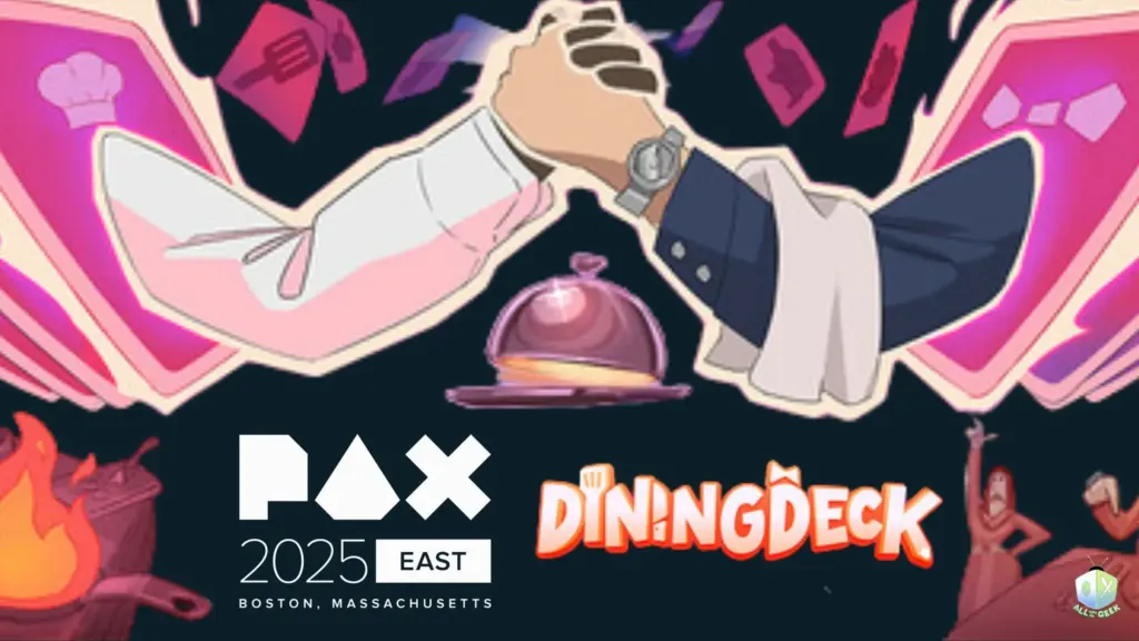 Promotional image for Dining Deck at PAX East 2025 featuring two chefs clasping hands over a covered dish, symbolizing teamwork and cooperation, with pink playing cards and kitchen elements in the background.