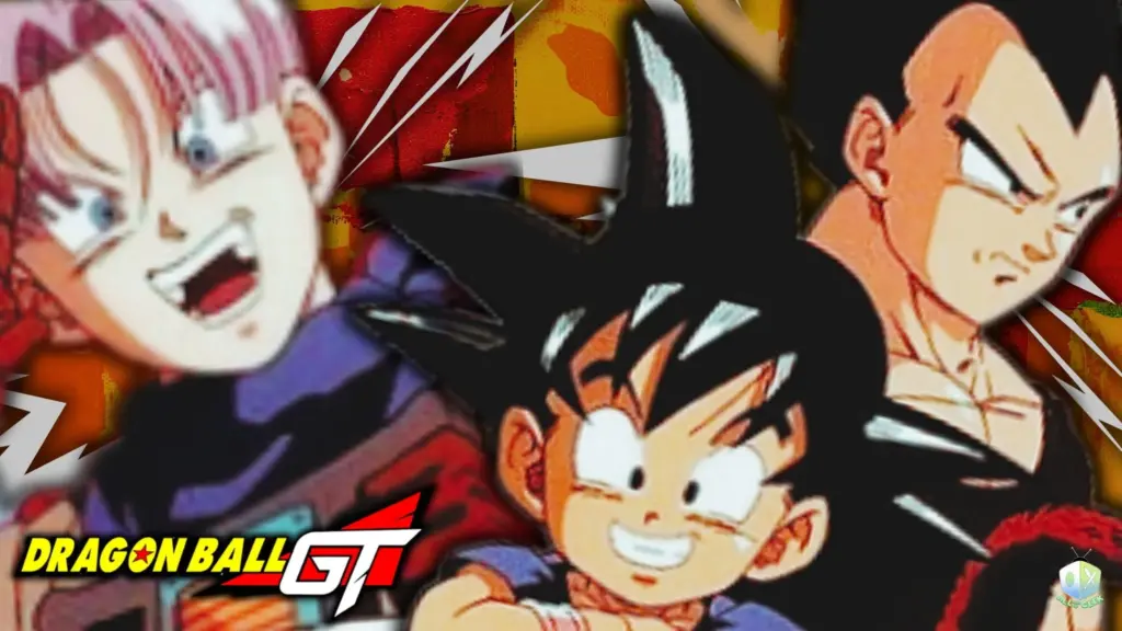 Image featuring characters from Dragon Ball GT, including Goku in his child form, Trunks, and Vegeta, smiling and ready for action. The Dragon Ball GT logo appears at the bottom left, symbolizing the All Ages of Geek Dragon Ball GT Reactions series.