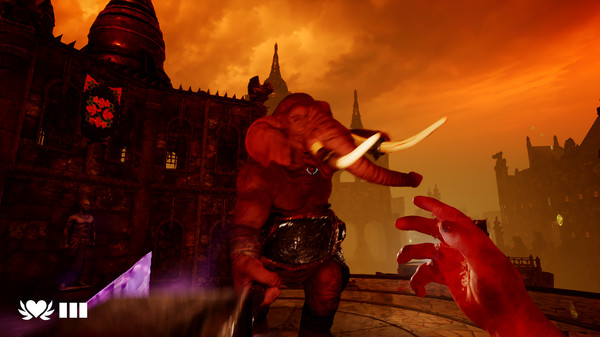 A monstrous creature with the body of a human and the head of an elephant attacks in a fiery temple under a red sky.