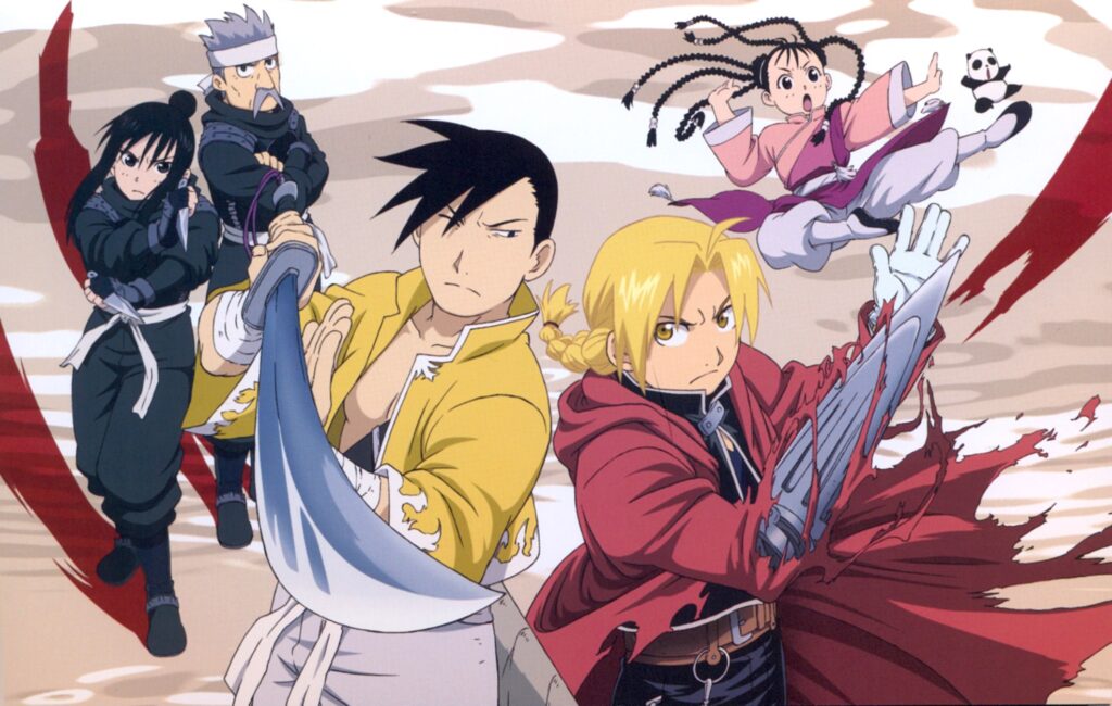 Group of characters from Fullmetal Alchemist: Brotherhood in action poses. Edward Elric stands in front with his automail blade extended, next to Ling Yao wielding his sword. Behind them are Lan Fan and Fu in combat stances, while May Chang leaps through the air with her panda Xiao-Mei.