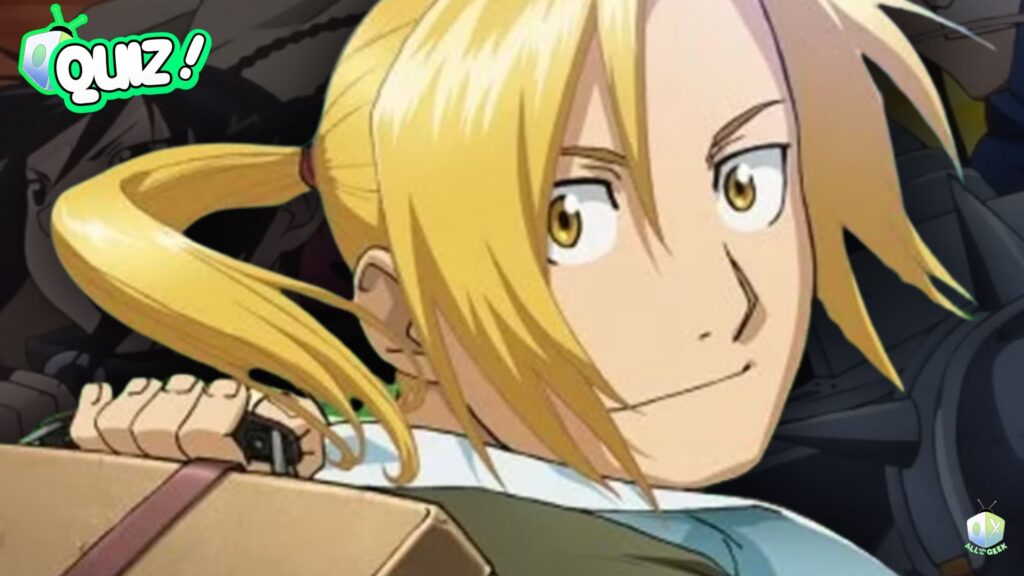 Fullmetal Alchemist Brotherhood Character Quiz featuring Edward Elric with his iconic golden hair and confident smile, holding his suitcase, representing the adventurous spirit of the anime Fullmetal Alchemist Brotherhood. All Ages of Geek logo in the lower righthand corner indicating the publication.
