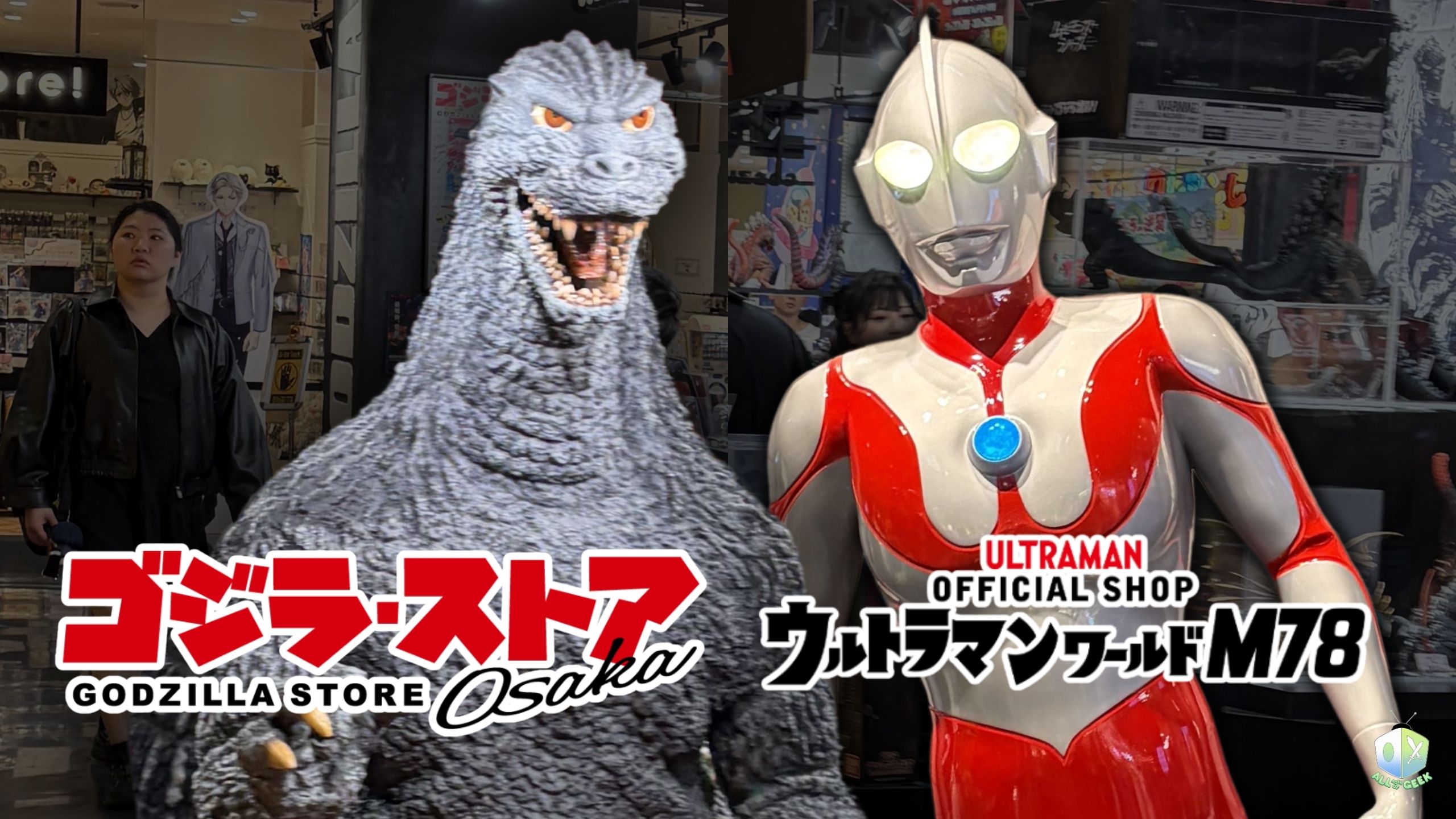A photo of the Godzilla Store Osaka and Ultraman Official Shop M78 at Shinsaibashi PARCO, featuring life-sized statues of Godzilla and Ultraman side by side, surrounded by colorful merchandise and anime displays.