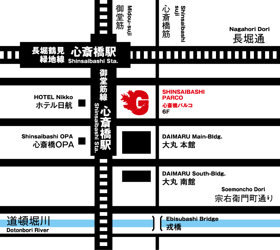 Map showing the location of Shinsaibashi PARCO in Osaka, Japan, near Shinsaibashi Station and the Dotonbori River, highlighting landmarks such as Daimaru Main and South Buildings and Hotel Nikko.