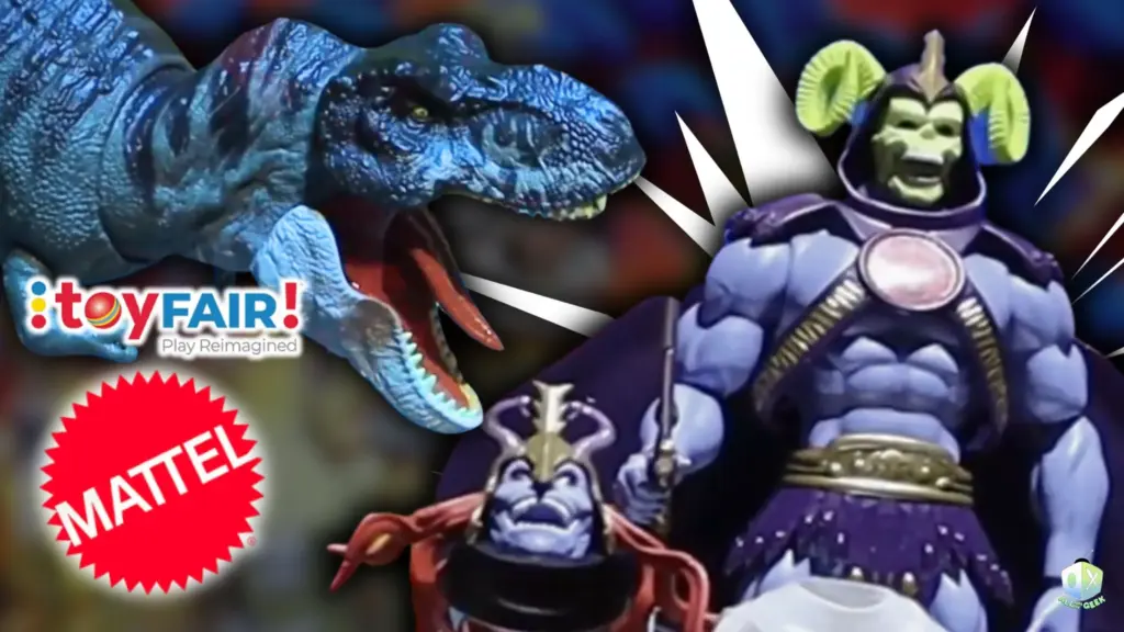 Jurassic Park dinosaur and Masters of the Universe figures featured at the Toy Fair NY 2025 Mattel showcase, highlighting Mattel’s iconic toy lines with bold, colorful comic-style effects and the red Mattel logo.