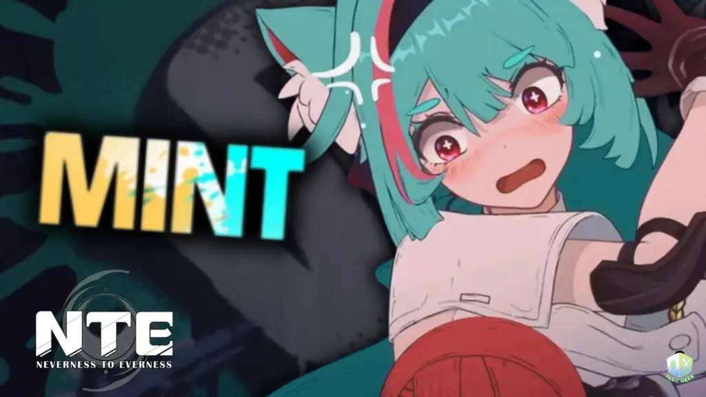 Mint from Neverness to Everness (NTE) looking flustered and determined, with teal hair, red eyes, and a blush on her face. The background features bold text reading “MINT” in yellow and blue, with the NTE logo in the corner.