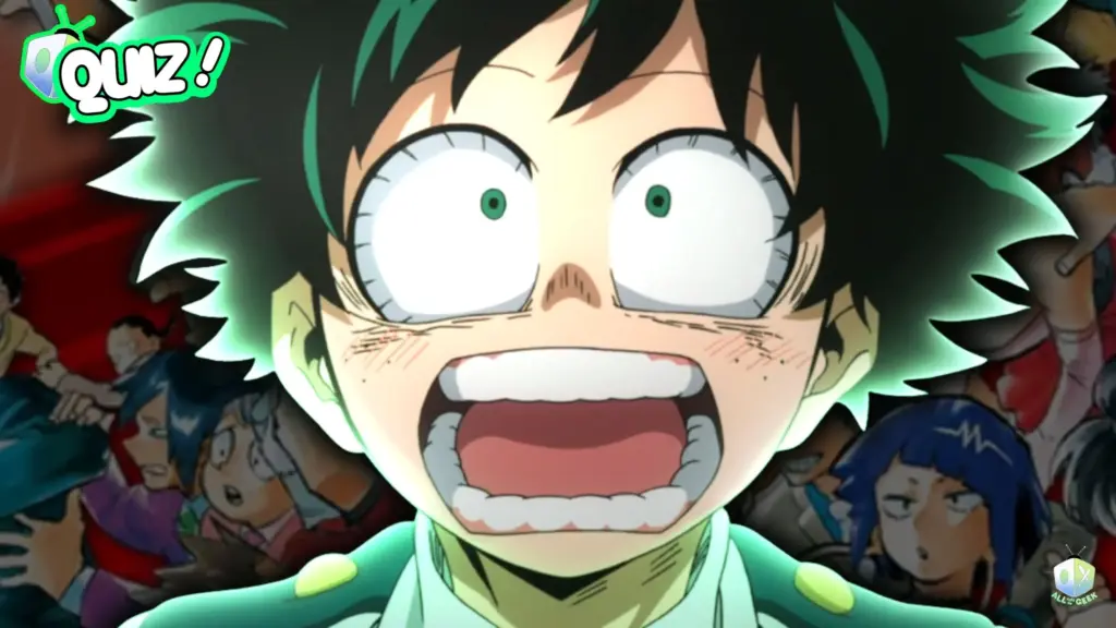 Izuku Midoriya from My Hero Academia with a shocked expression, eyes wide and mouth open, surrounded by classmates in the background, with a “Quiz!” logo in the corner representing the My Hero Academia Character Quiz by All Ages of Geek.
