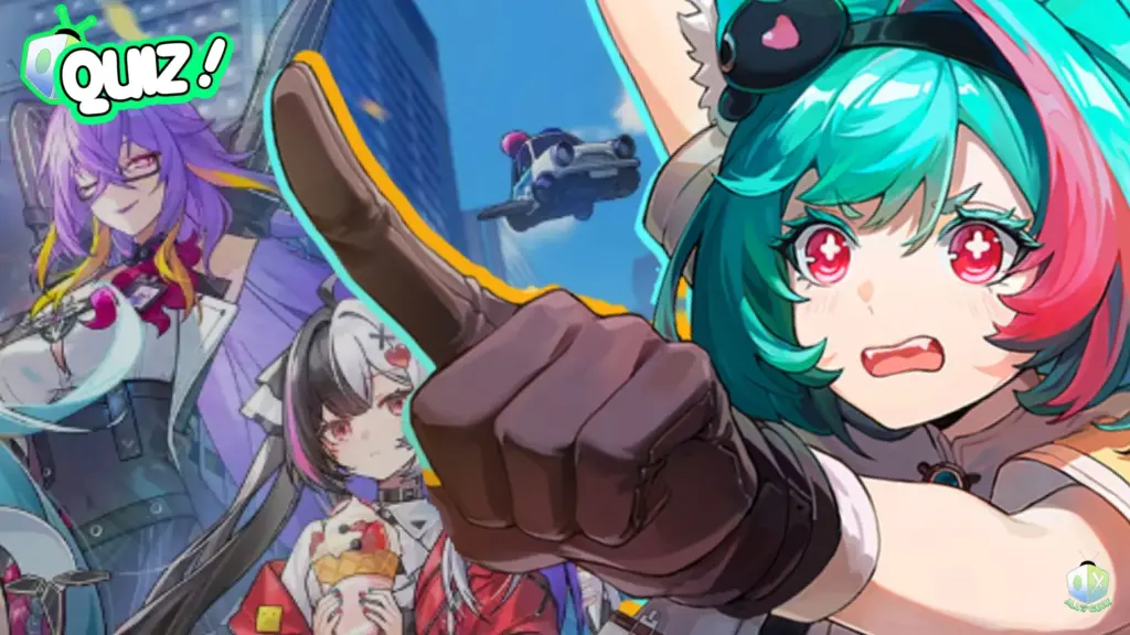 Anime-style character with teal and pink hair points dramatically forward with a determined expression, surrounded by other colorful characters in futuristic outfits. The word “Quiz!” appears in bright green text, suggesting a fun personality quiz theme. All for Neverness to Everness game.