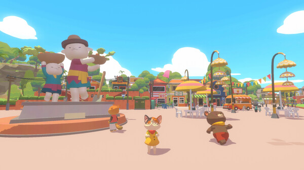 Alt text: Screenshot from Petit Island featuring the player’s fox character exploring a colorful plaza filled with animal villagers and large decorative statues.
