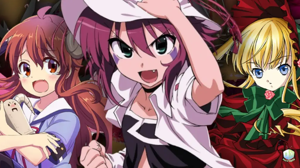 A colorful collage featuring characters from supernatural anime including The Demon Girl Next Door, Dream Eater Merry, and Rozen Maiden. The image highlights cheerful and determined expressions against a mystical backdrop, representing fun and spooky supernatural themes perfect for Halloween.