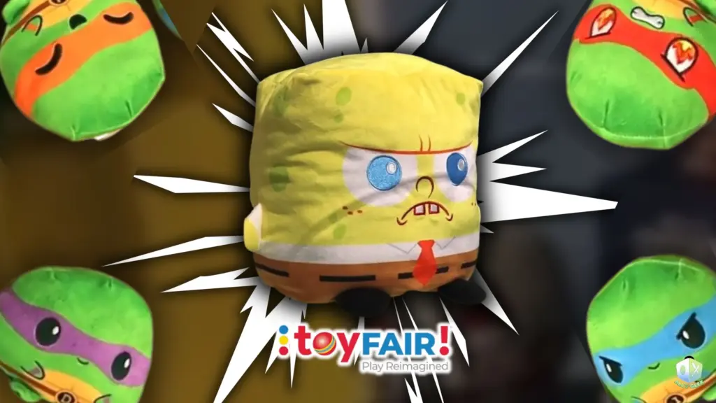 A TeeTurtle reversible plush of SpongeBob SquarePants with an angry expression is surrounded by Teenage Mutant Ninja Turtles plushies, edited with a comic-style burst background for a dynamic Toy Fair NY 2025 showcase image.