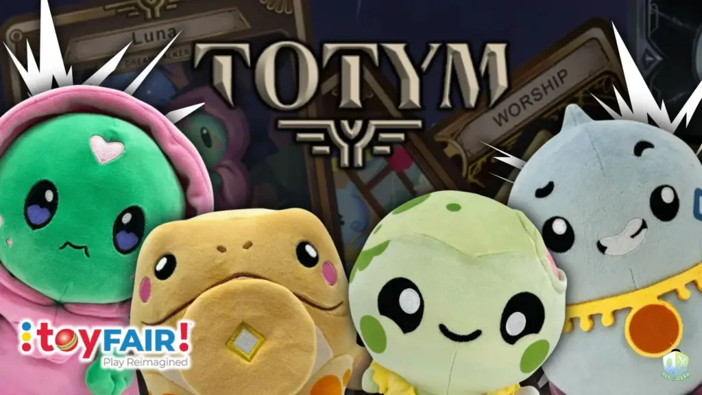 Totym Plush characters featured at Toy Fair NY 2025, including Luna the Dream Walker and Lucky the Money Toad, reimagined mythical creatures in cute plush form, displayed with the Totym logo and collectible card designs in the background.