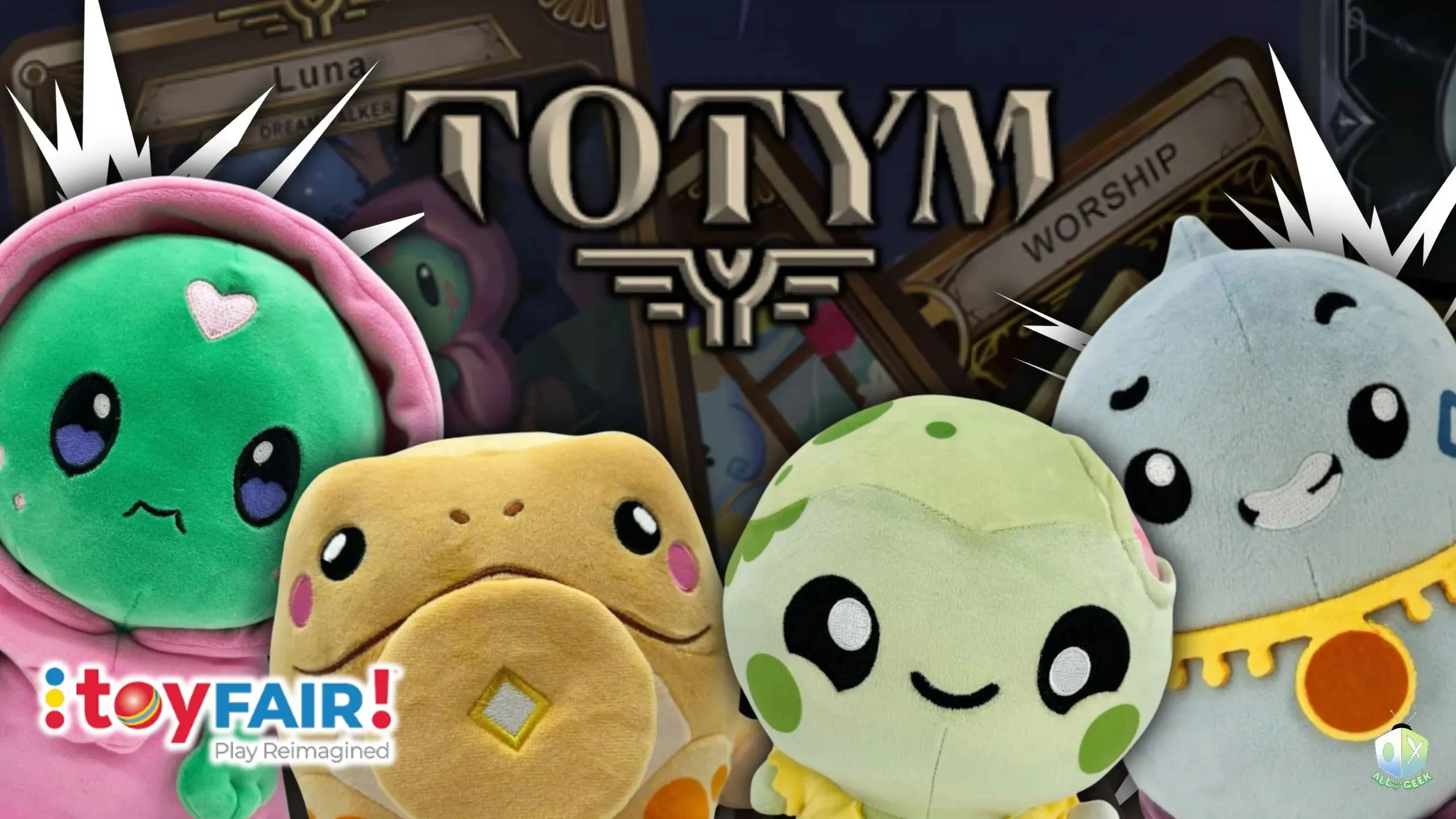 Totym Plush characters featured at Toy Fair NY 2025, including Luna the Dream Walker and Lucky the Money Toad, reimagined mythical creatures in cute plush form, displayed with the Totym logo and collectible card designs in the background.