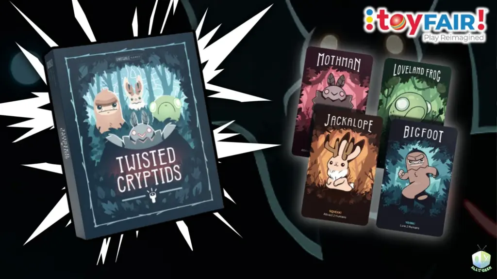 Twisted Cryptids board game from Unstable Games featured at the Toy Fair NY 2025 Unstable Games showcase, showing the main game box and cryptid cards for Mothman, Loveland Frog, Jackalope, and Bigfoot with playful artwork and bold colors.