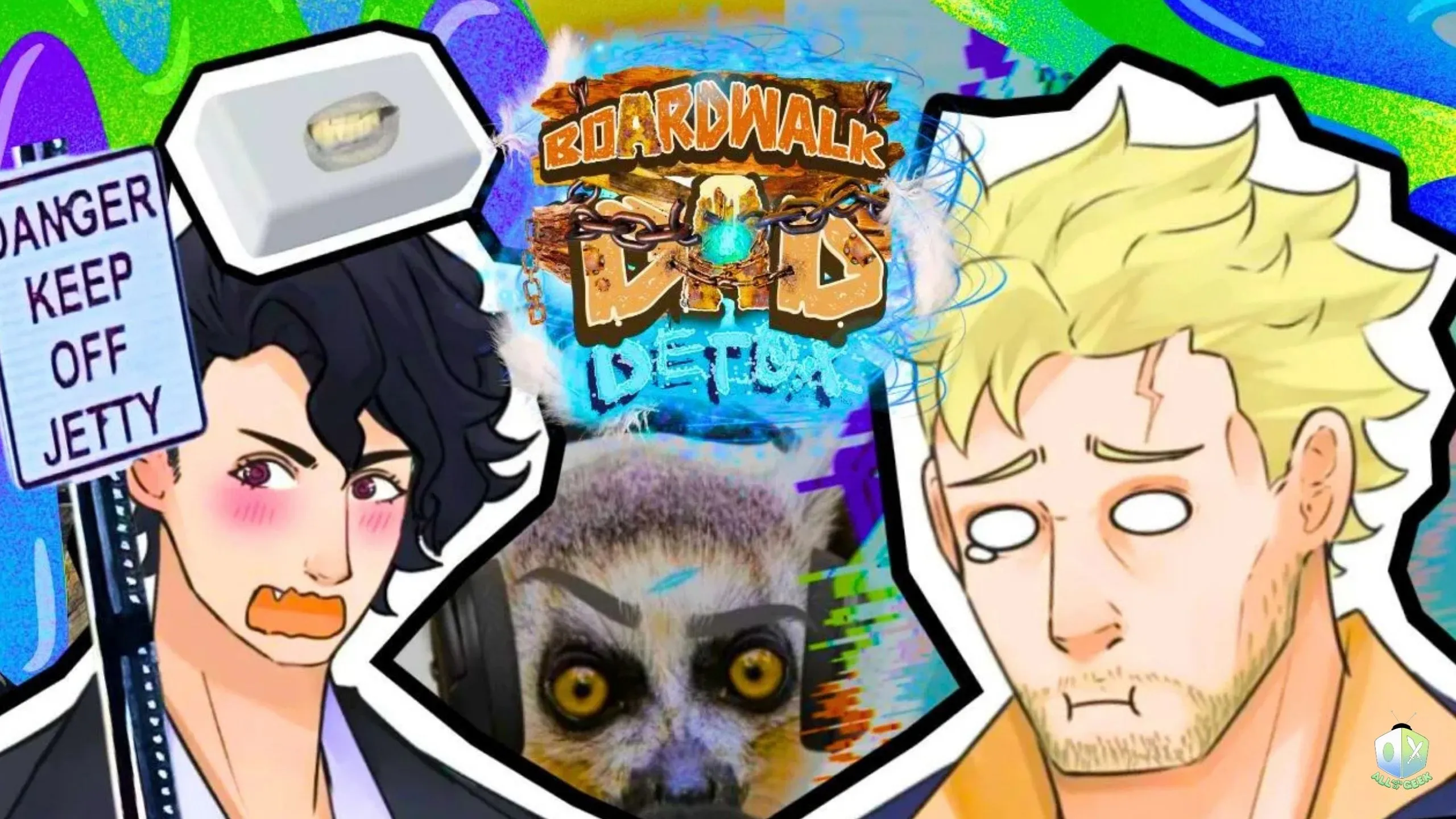 Colorful promotional art for Boardwalk Dad Detox featuring Wagner on the left with a flustered expression, Jackie on the right looking stressed, and the series logo centered above a wide-eyed lemur. The background includes distorted graphics and a “Danger Keep Off Jetty” sign, highlighting the chaotic comedy style of the project.