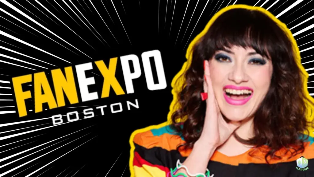 Claire Lim smiling with bright makeup and colorful clothing beside the Fan Expo Boston logo, with dynamic comic-style lines in the background. The All Ages of Geek logo is in the right hand lower side indicating the publication.