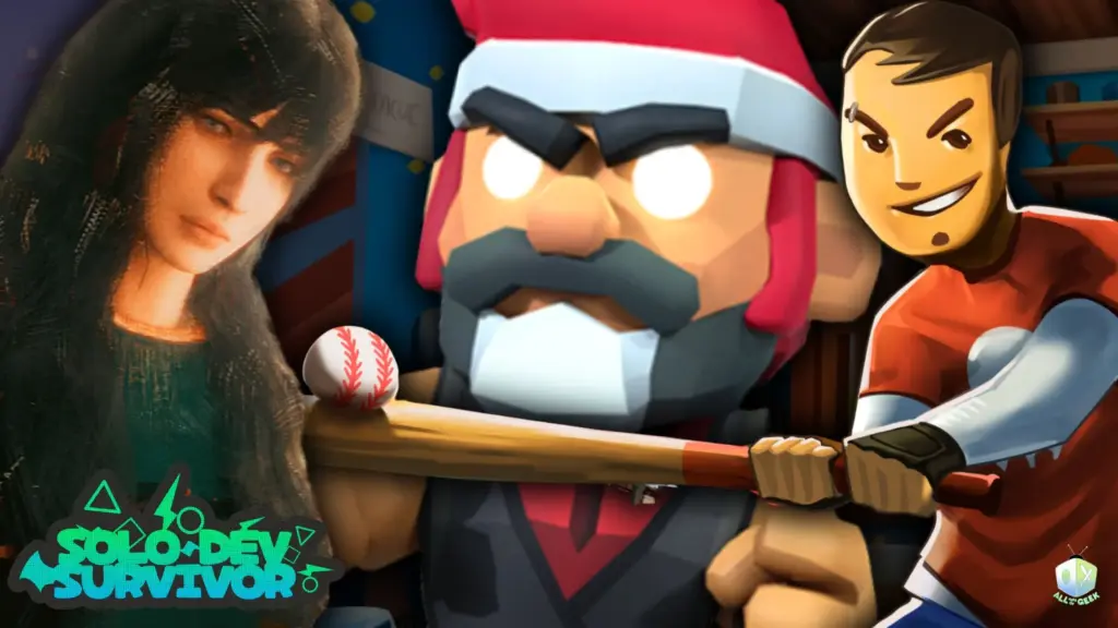 A collage of characters from various indie games featured in the Solo Dev Survivor showcase, including a realistic female portrait, a cartoon-style Santa warrior holding a bat, and a smiling stylized character, with the Solo Dev Survivor logo and All Ages of Geek branding.