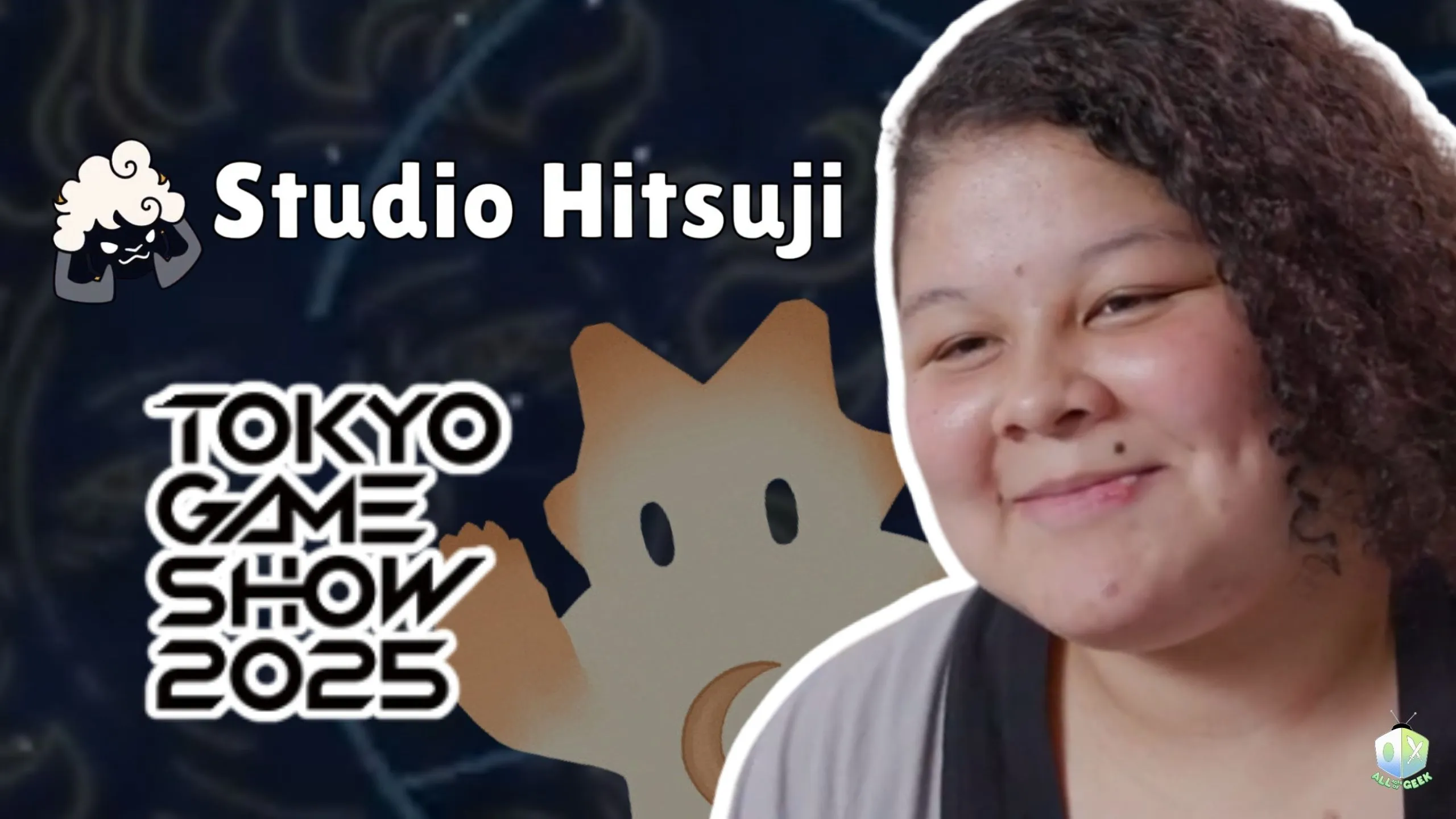 A Studio Hitsuji developer smiling beside the Tokyo Game Show 2025 logo, with the Studio Hitsuji sheep mascot and a soft, star-shaped character in the background. The All Ages of Geek logo is on the right hand lower side indicating the publication.